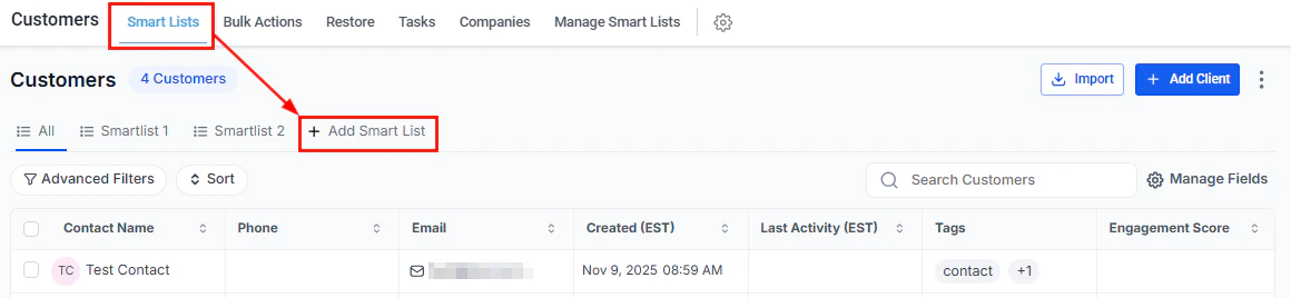 Add Smart List button