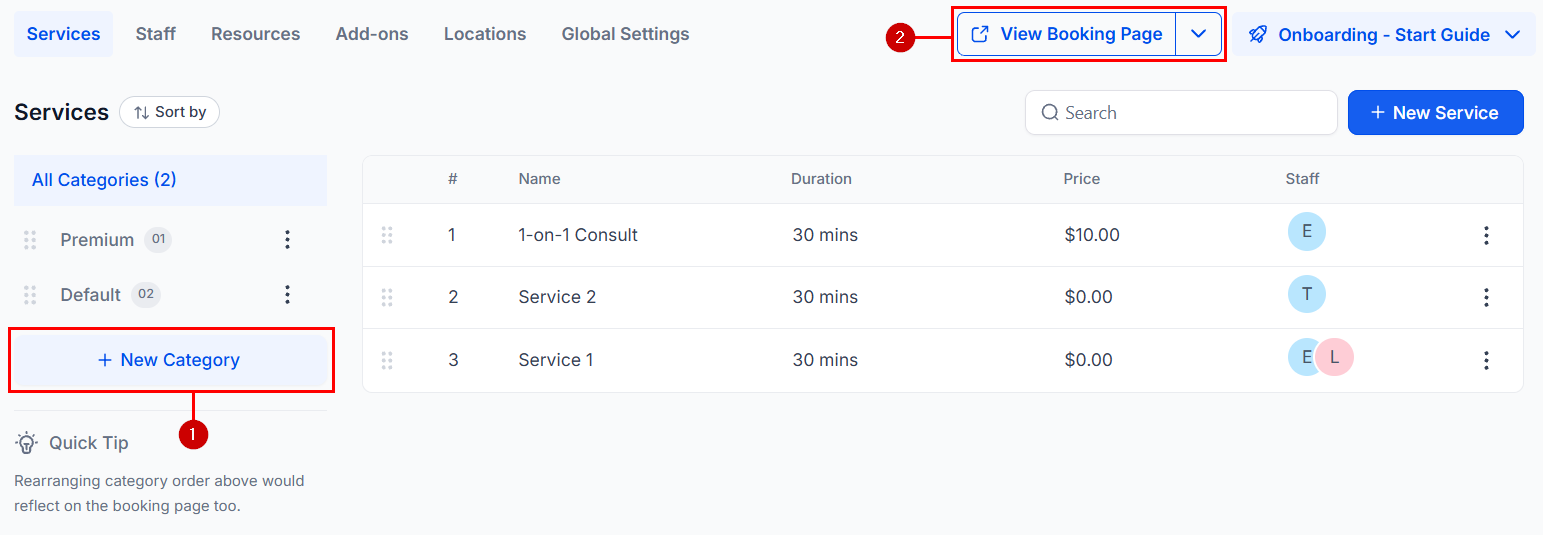 Services V2 categories panel