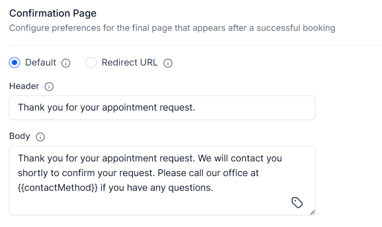 Confirmation page settings
