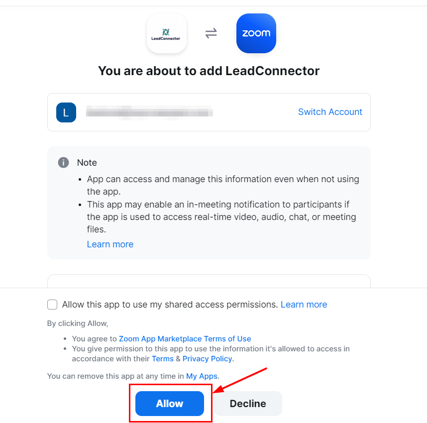 Zoom authorization permissions screen