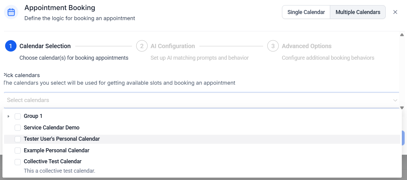 Appointment action setup showing calendar selection and booking options