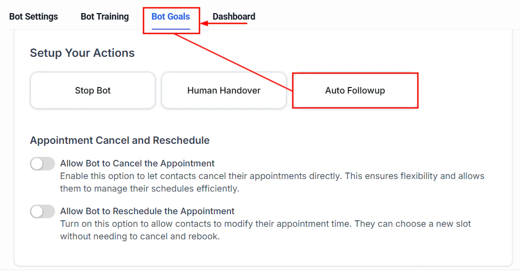 Auto follow-up settings panel showing timing and re-engagement message options