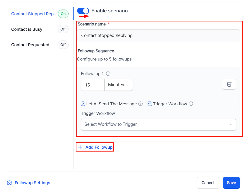 Follow-up scenario settings showing when and how the bot re-engages contacts who go silent