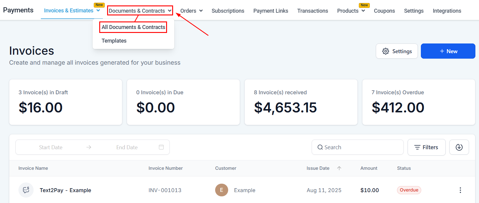 Documents & Contracts dashboard