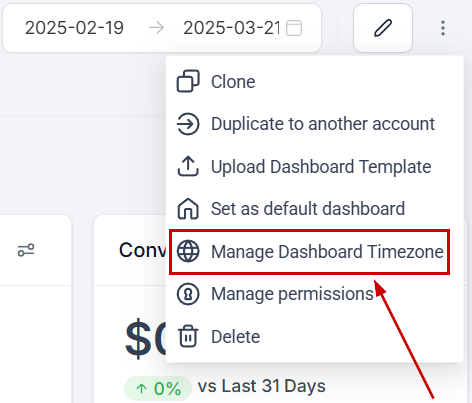 Dashboard options menu