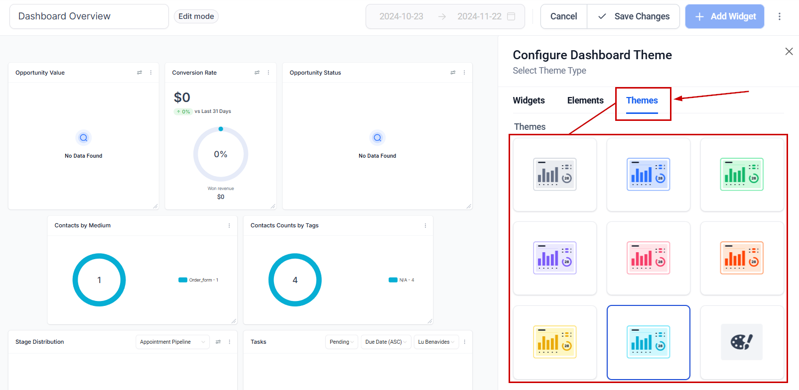 Themes tab in the widget panel