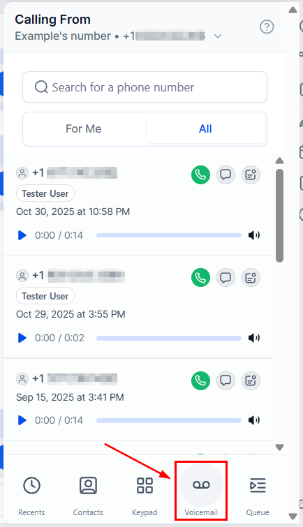 Dialer voicemail view