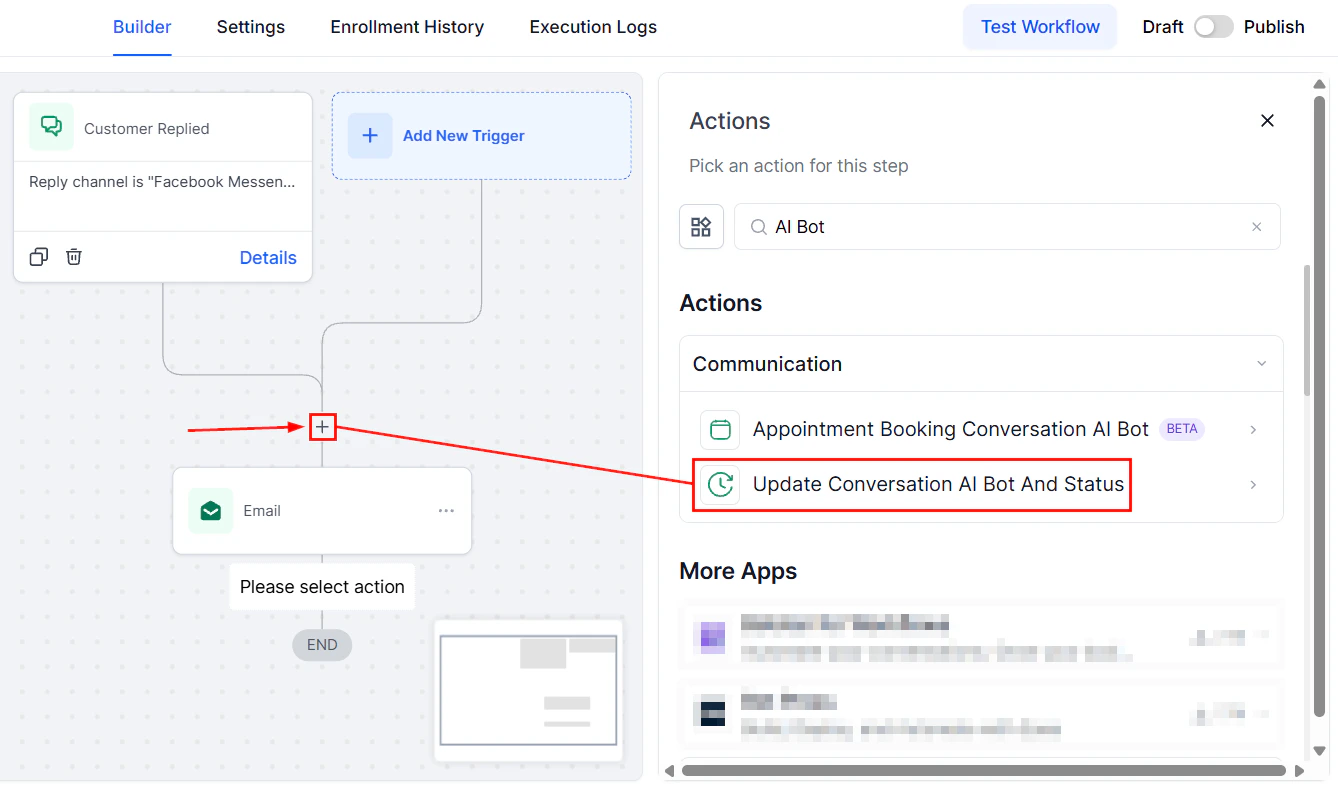 Workflow action to update conversation AI bot settings
