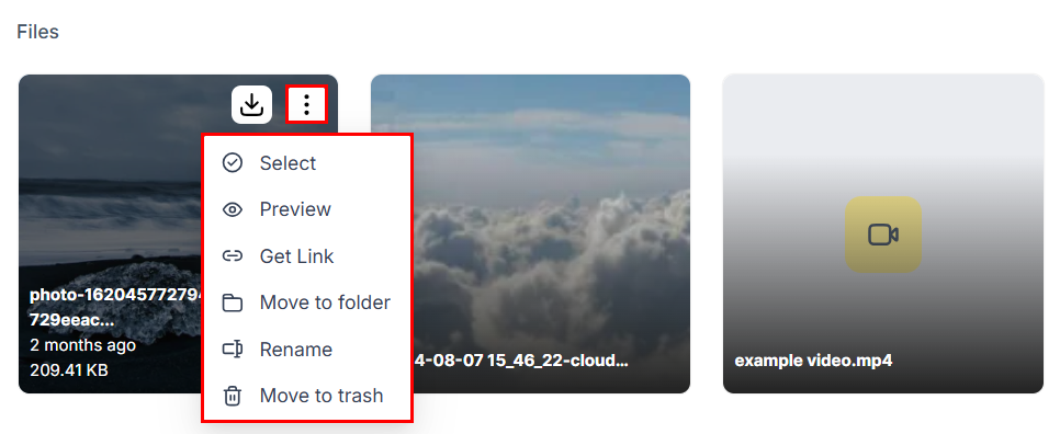 Media Storage actions menu
