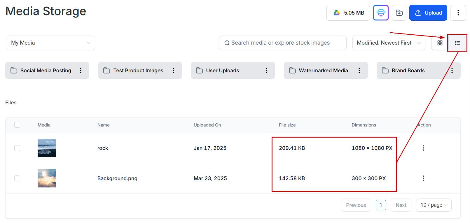 List view with file details