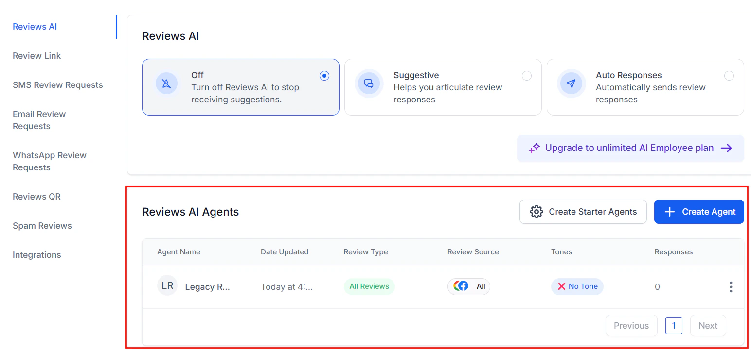 Reviews AI agent settings panel