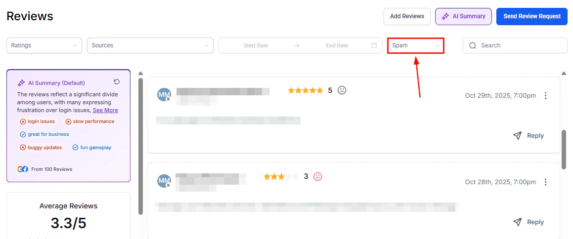 Spam filter view in Reviews tab