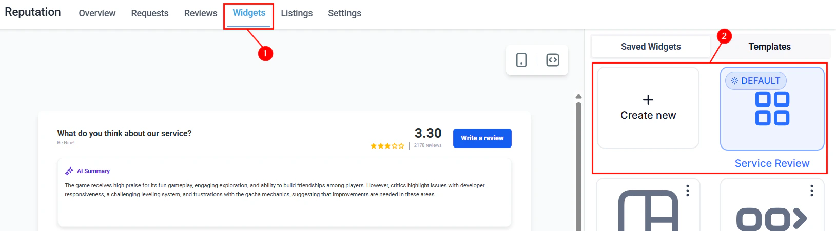 Review widgets list in Reputation
