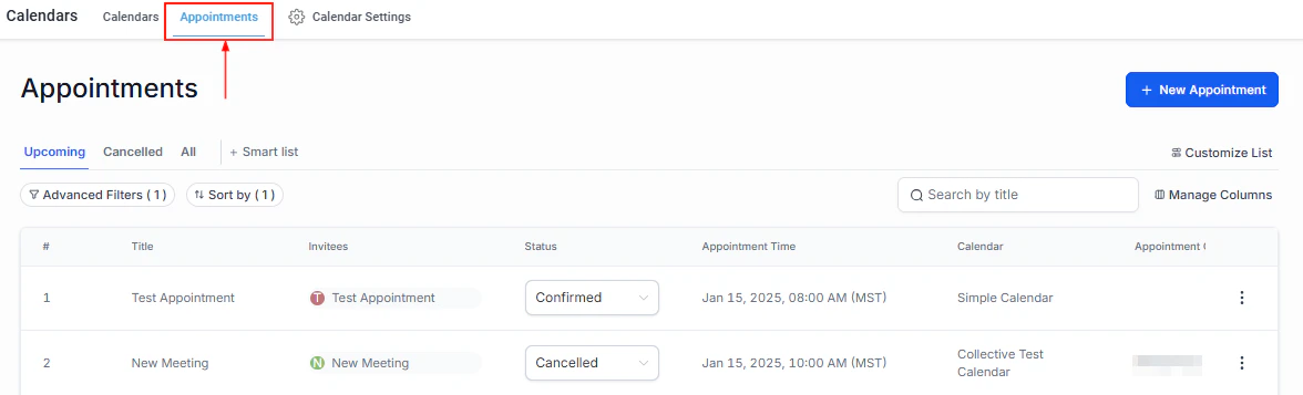Appointments section list view