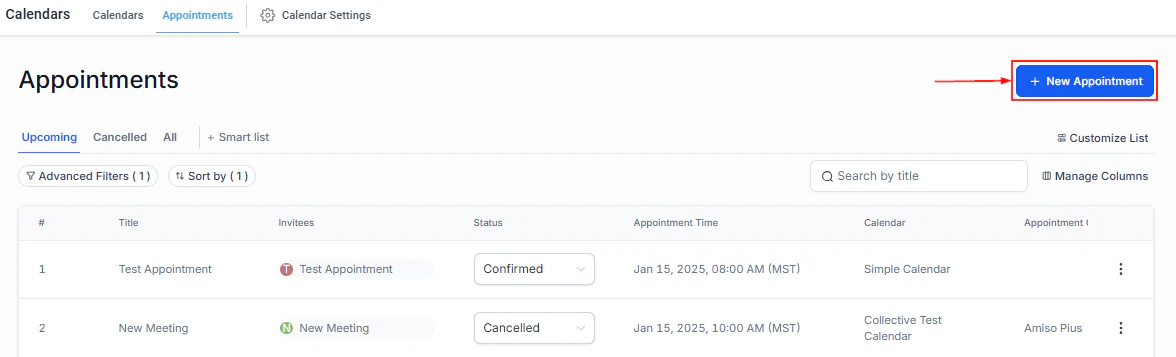 Appointment filter panel