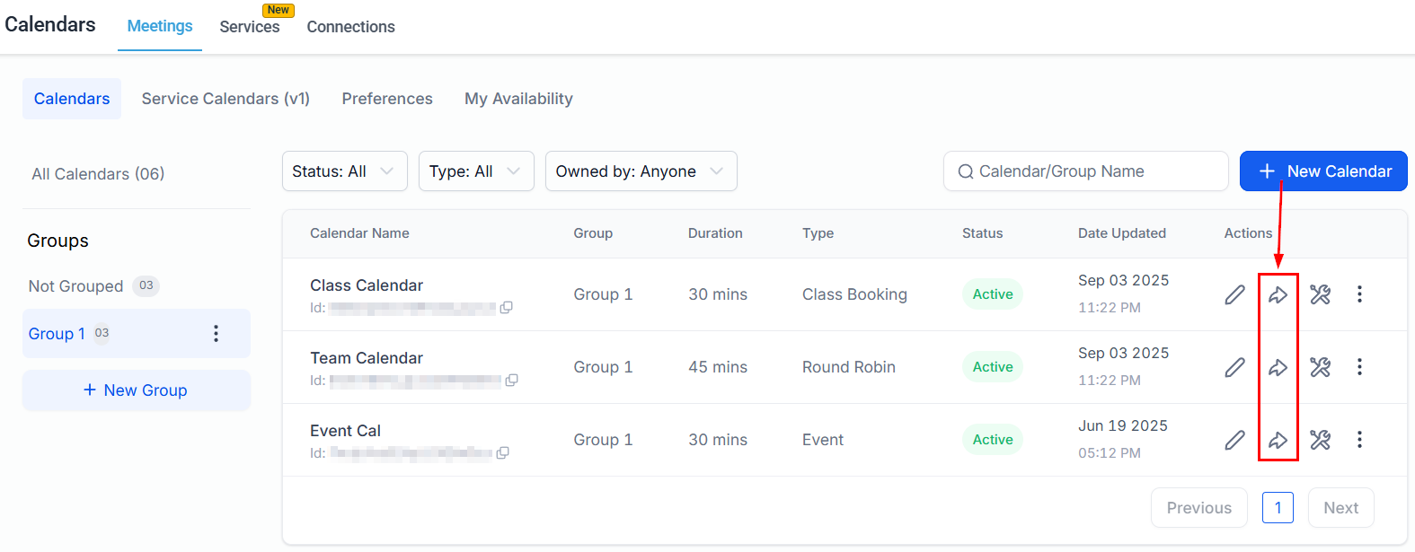 Calendar settings with share icon highlighted
