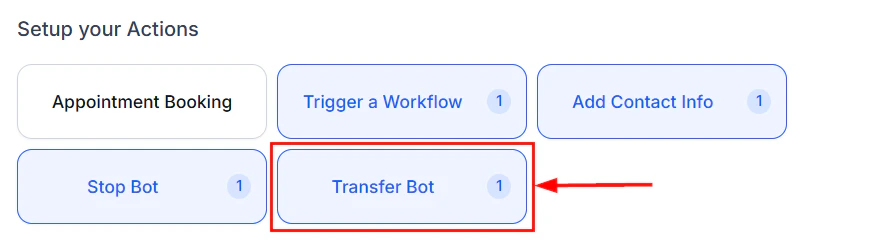 Transfer bot action showing the target bot selection dropdown