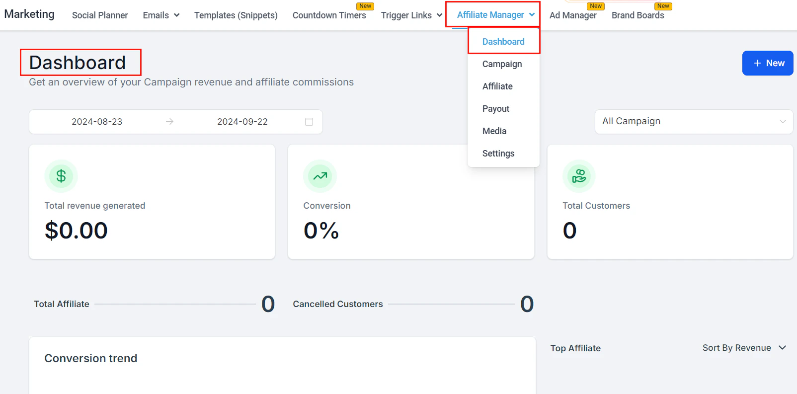 Affiliate Manager dashboard
