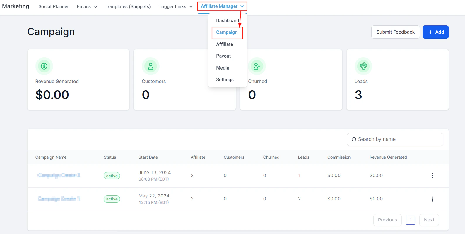 Affiliate campaign setup