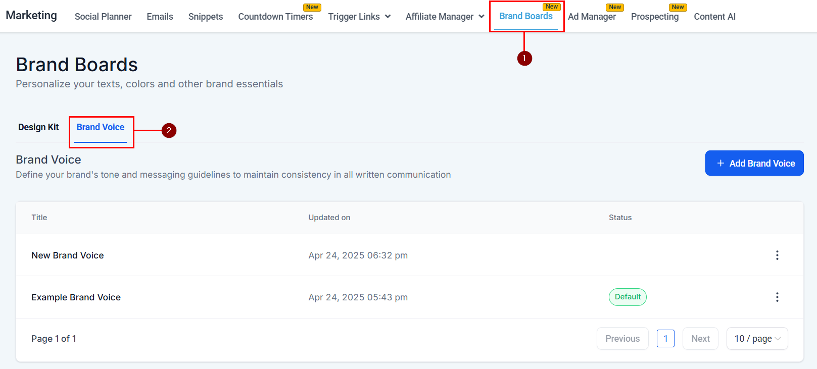 Brand Board navigation