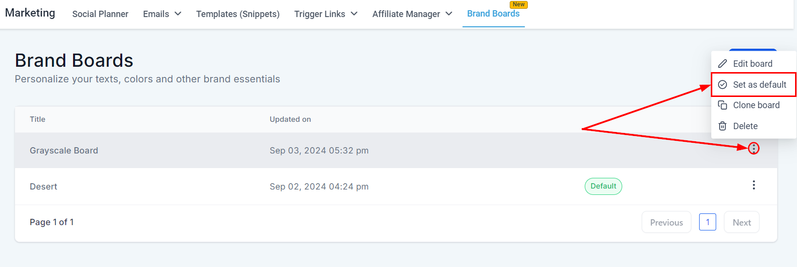 Brand board with Default label