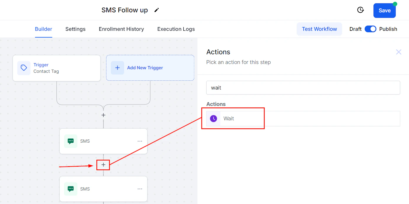 Workflow builder showing the Wait action being added between SMS steps with the time delay configuration panel