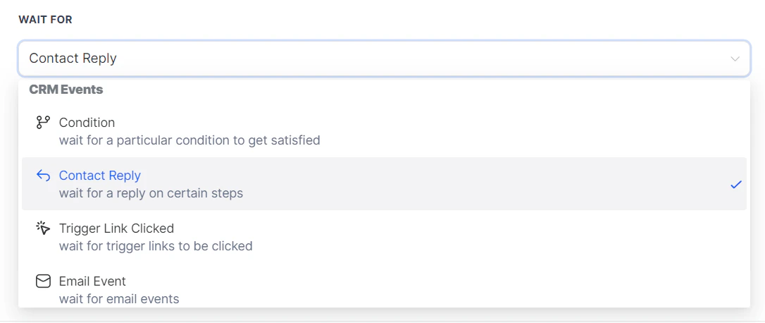Wait For dropdown expanded showing CRM Events options: Condition, Contact Reply, Trigger Link Clicked, and Email Event