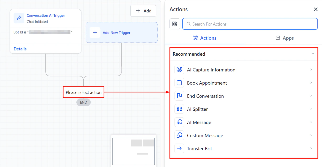 Workflow actions panel with AI decision options