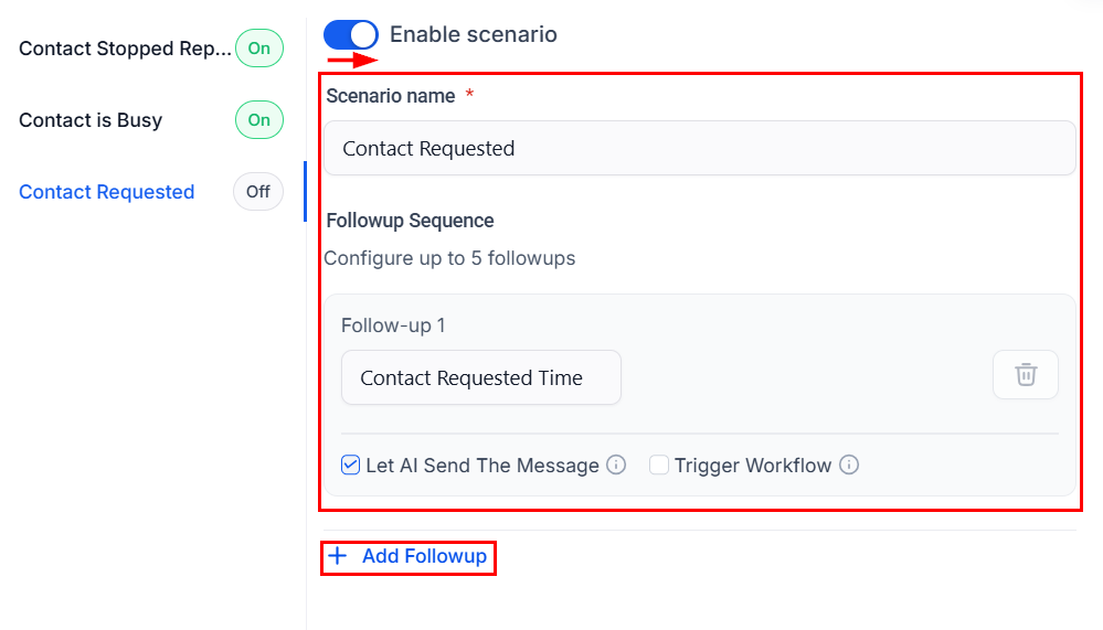 Auto follow-up contact settings with timing and frequency options