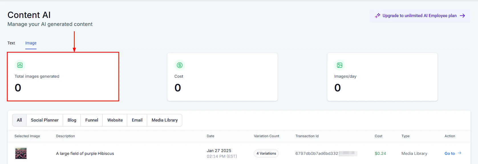 Content AI image generation panel with prompt input and style options