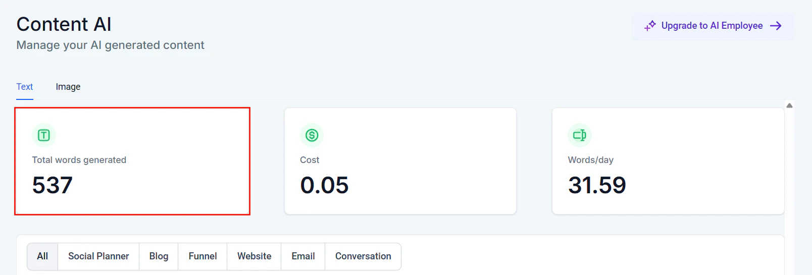 Content AI total words generated tracking view