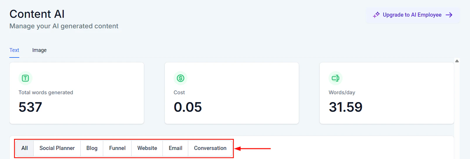 Content AI list view showing all generated text content