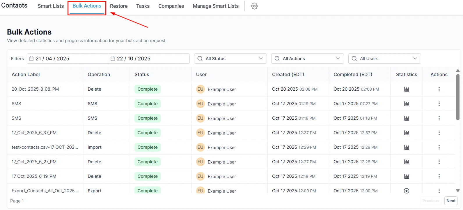 Contacts selected with bulk actions toolbar visible