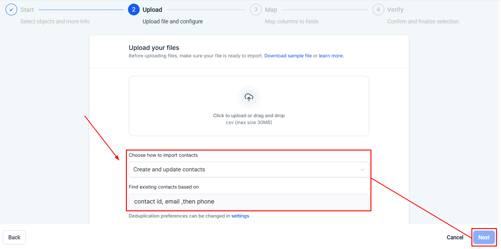 Import field confirmation screen