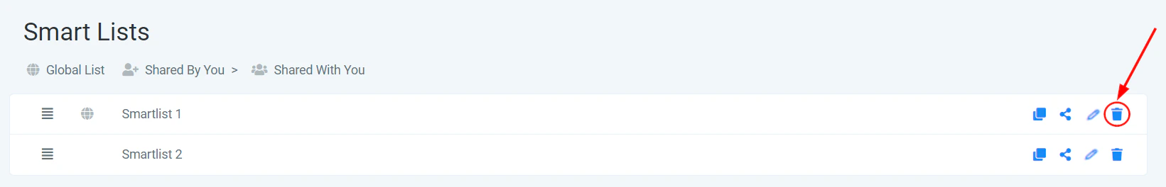 Delete smart list button