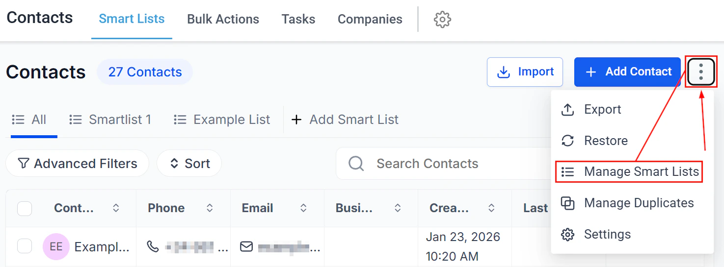 Contacts toolbar with Manage Duplicates option