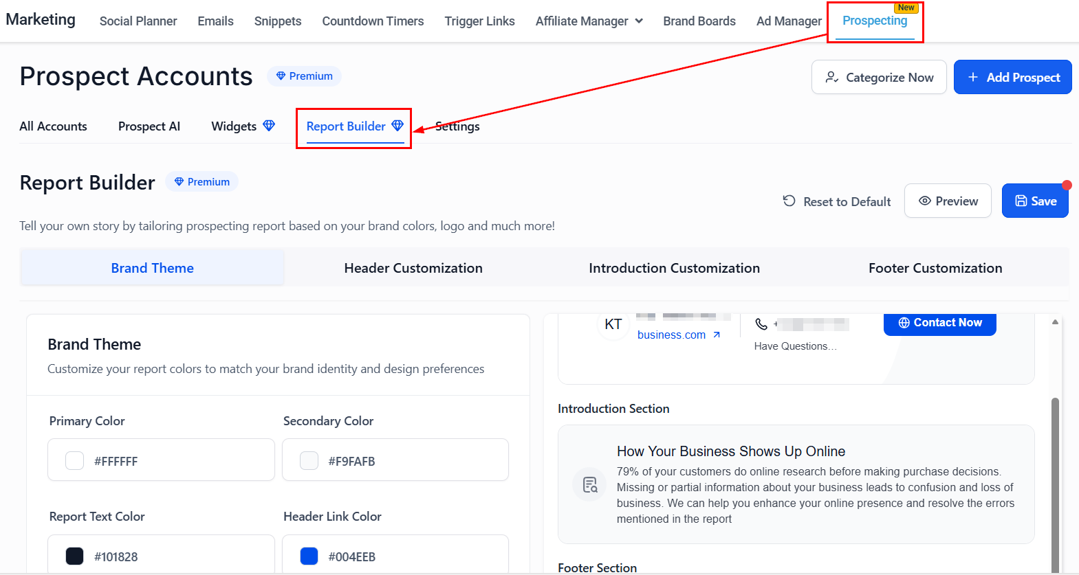 PDF Report Builder navigation