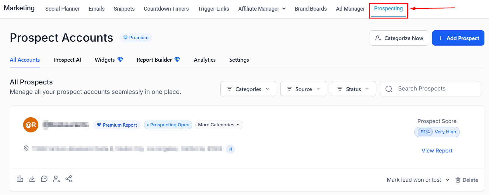 Prospecting tab