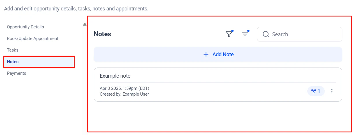 Notes section showing deal update history