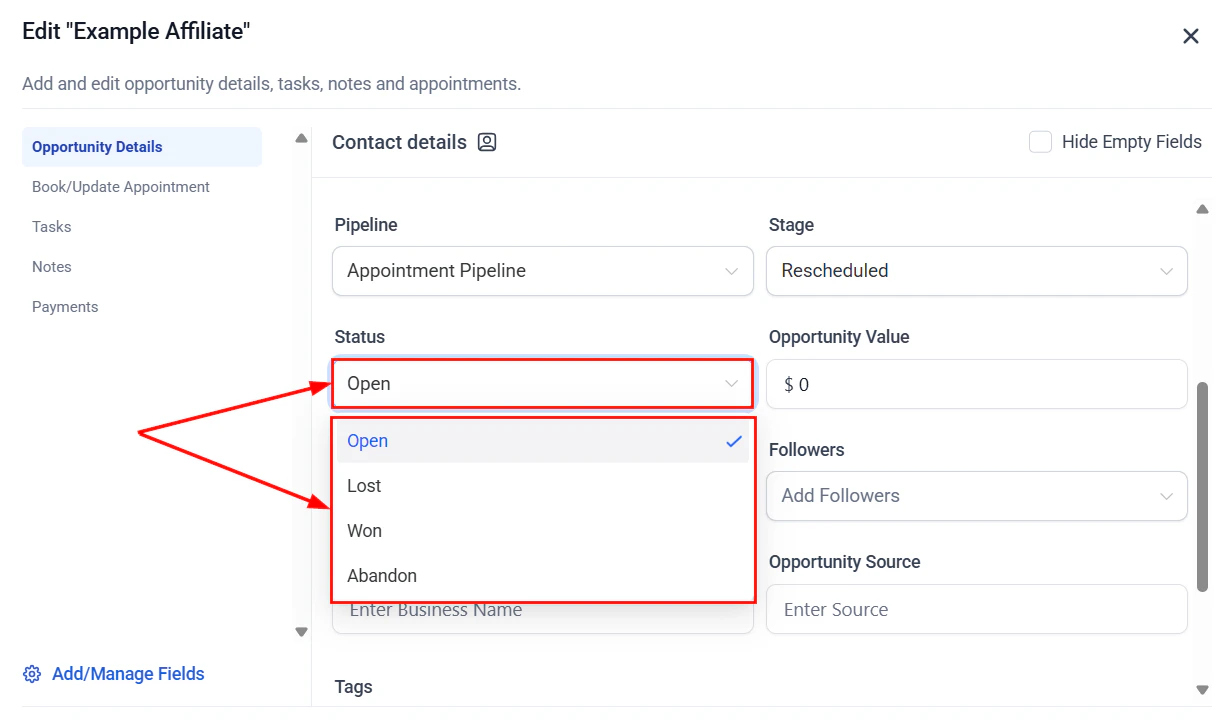 Opportunity status showing Won and Lost tracking