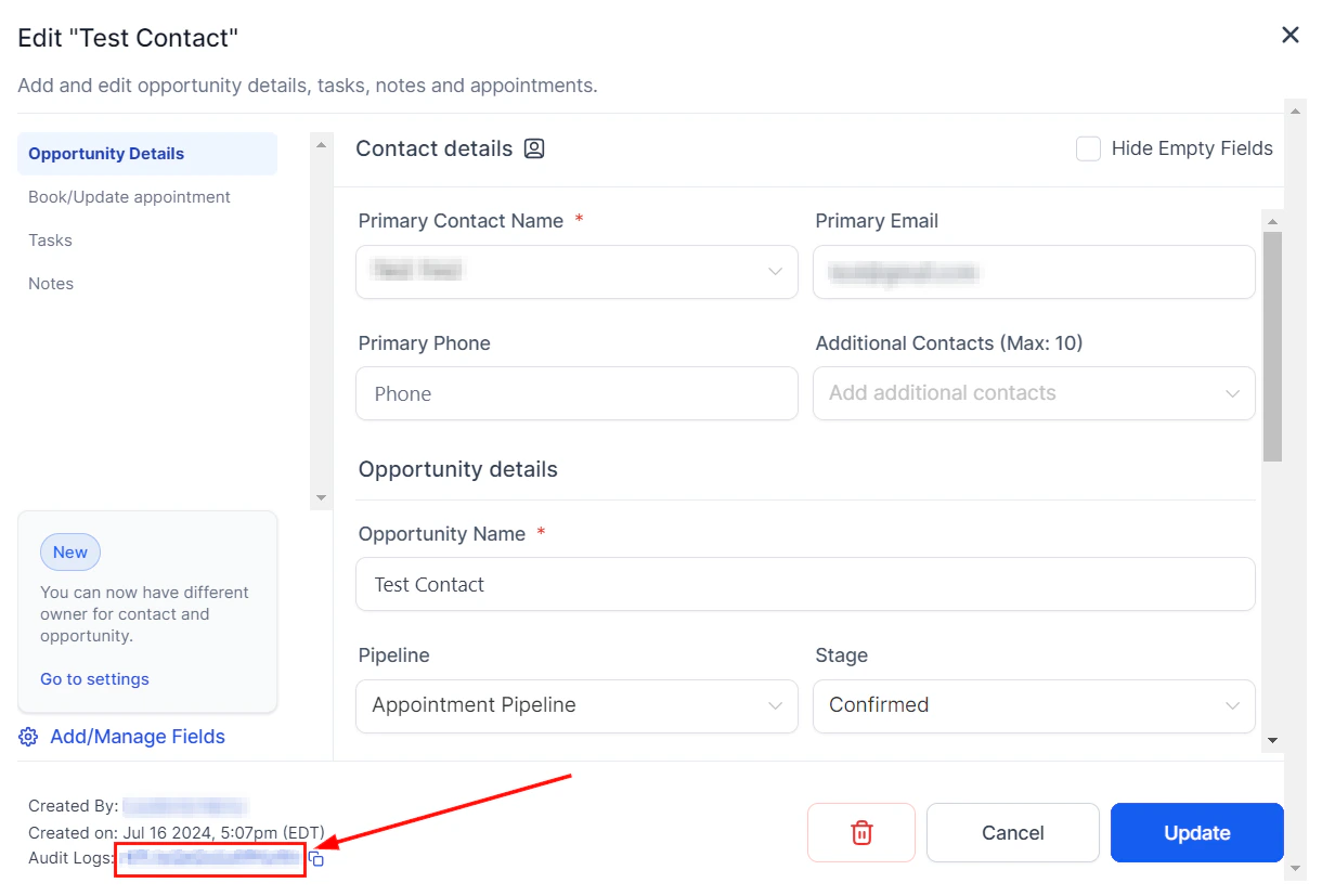 Opportunity ID location in the detail panel