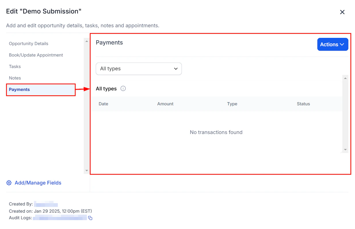 Payments tab on an opportunity detail panel