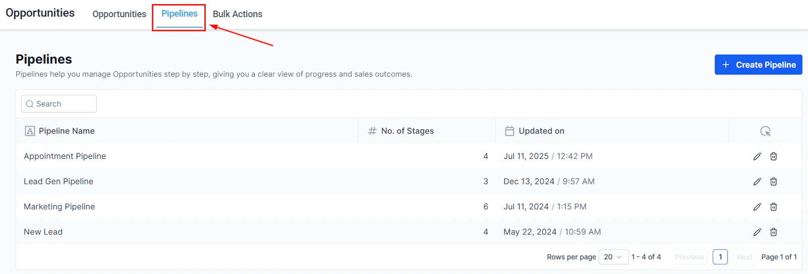 Pipeline Settings page with Add Pipeline button