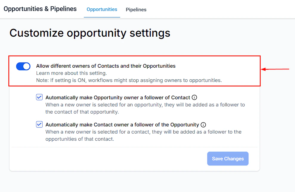 Opportunity Settings page