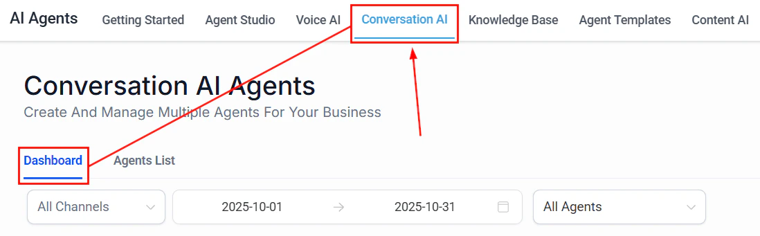 Conversation AI dashboard with analytics and agent performance data