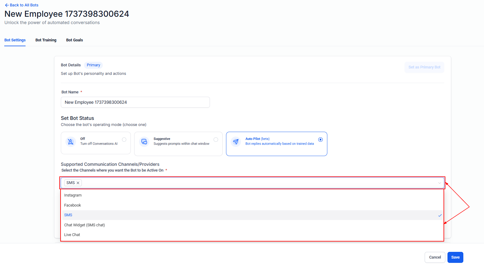 Primary bot settings showing the primary toggle switch and channel configuration