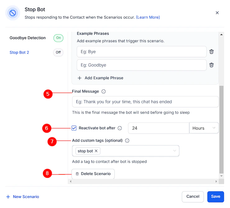 Stop bot scenario configuration showing trigger conditions and custom phrases