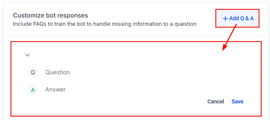 Q&A training interface for adding manual question and answer pairs