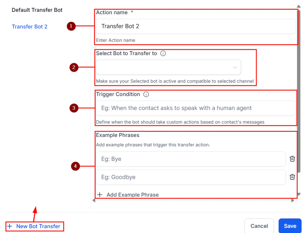 Transfer bot action setup showing target bot dropdown and configuration options