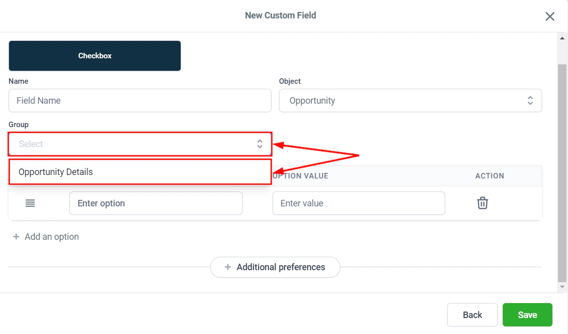 Custom fields grouped in the opportunity panel